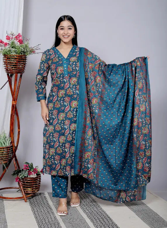 Dark Blue Pure Cotton Kurti Bottom and Dupatta Set