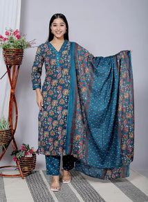 Dark Blue Pure Cotton Kurti Bottom and Dupatta Set