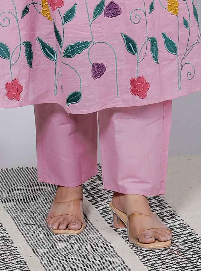 Rose Pink Chanderi Silk Kurti Bottom and Dupatta Set