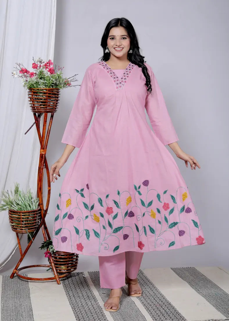 Rose Pink Chanderi Silk Kurti Bottom and Dupatta Set