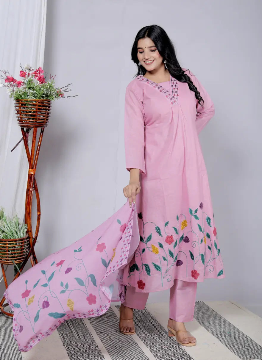 Rose Pink Chanderi Silk Kurti Bottom and Dupatta Set