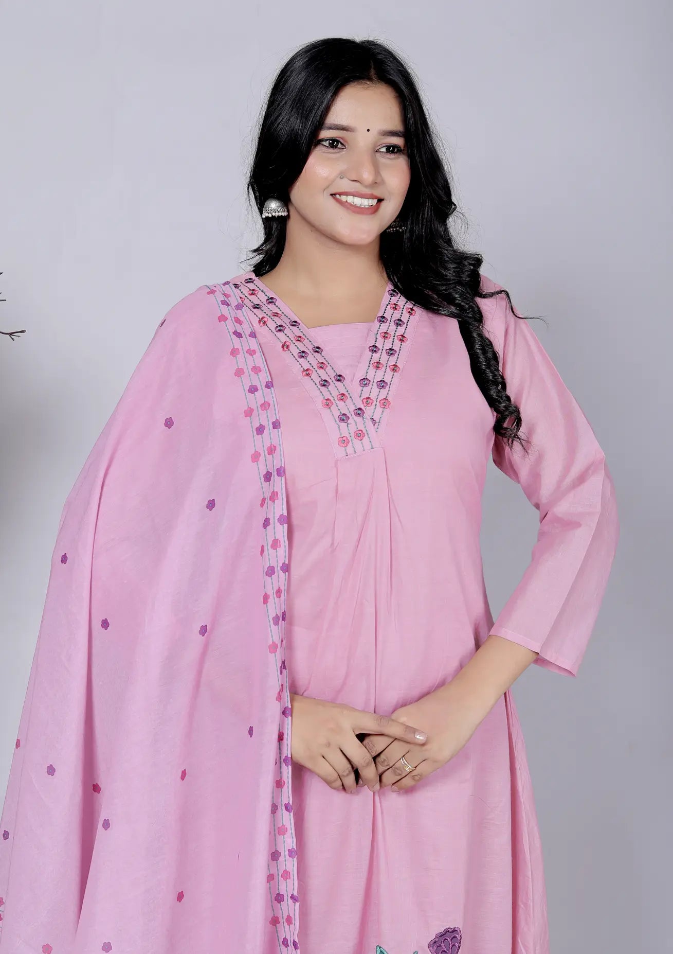 Rose Pink Chanderi Silk Kurti Bottom and Dupatta Set
