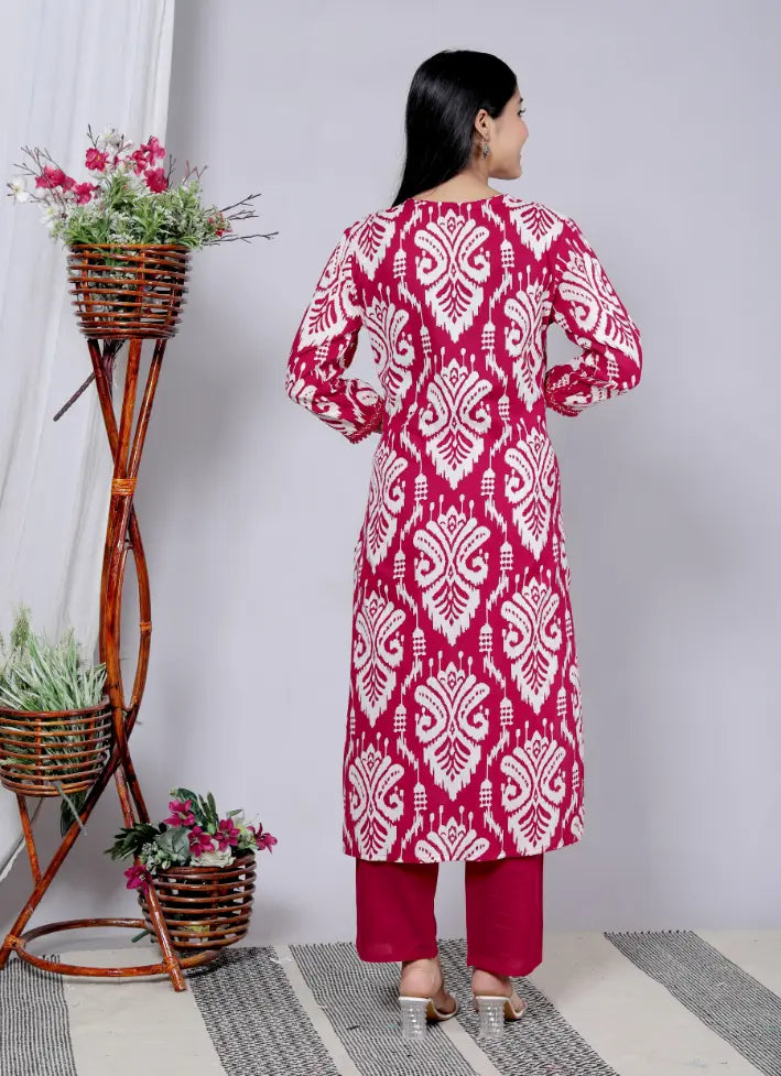 Rani Pink Pure Cotton Kurti Bottom and Dupatta Set