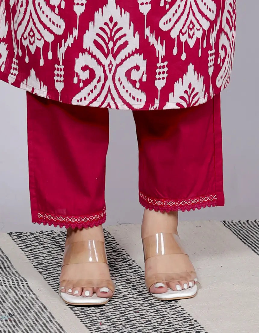 Rani Pink Pure Cotton Kurti Bottom and Dupatta Set