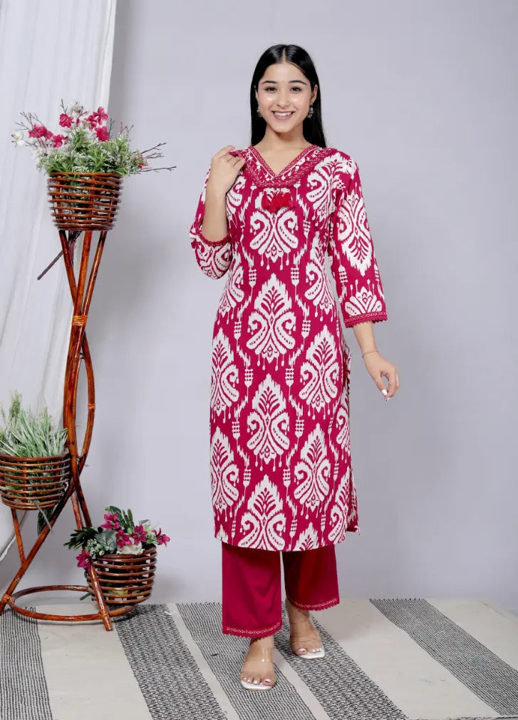 Rani Pink Pure Cotton Kurti Bottom and Dupatta Set