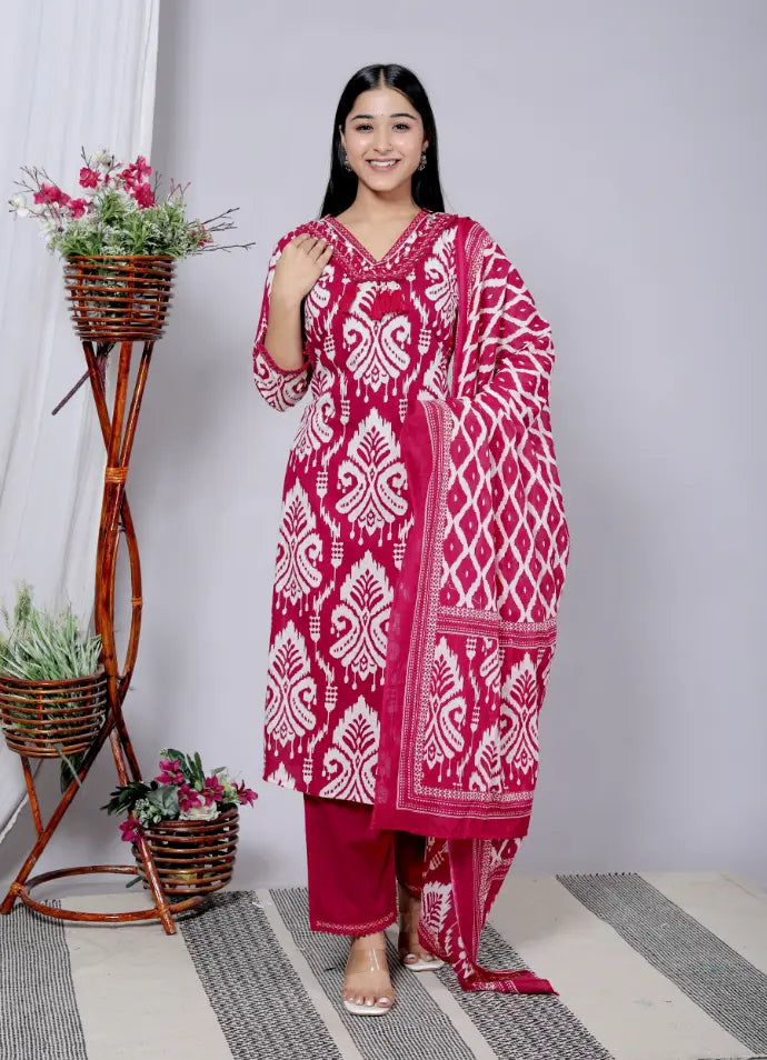 Rani Pink Pure Cotton Kurti Bottom and Dupatta Set