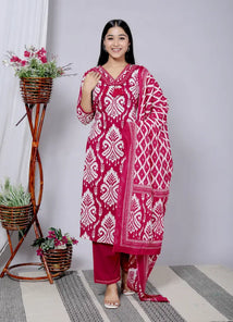 Rani Pink Pure Cotton Kurti Bottom and Dupatta Set