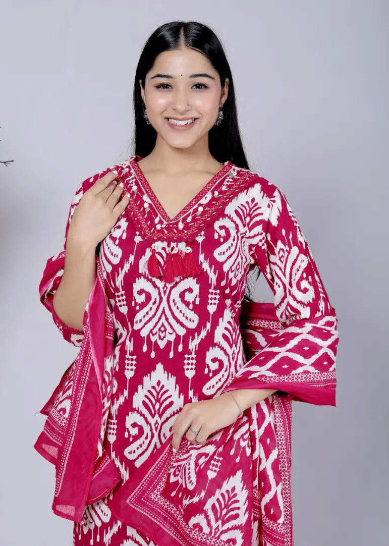 Rani Pink Pure Cotton Kurti Bottom and Dupatta Set