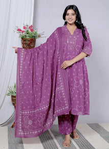 Mauve Pure Cotton Kurti Bottom and Dupatta Set