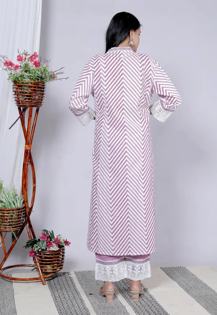 Lavendar Pure Cotton Kurti Bottom and Dupatta Set