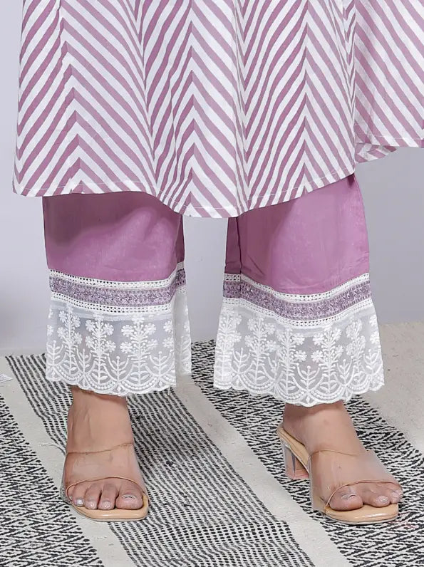 Lavendar Pure Cotton Kurti Bottom and Dupatta Set