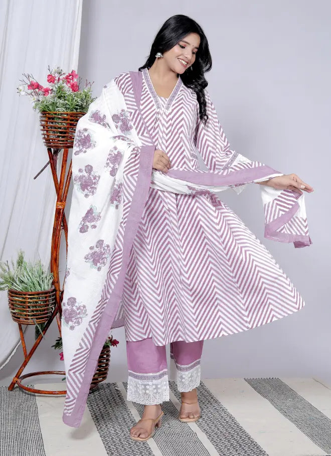 Lavendar Pure Cotton Kurti Bottom and Dupatta Set