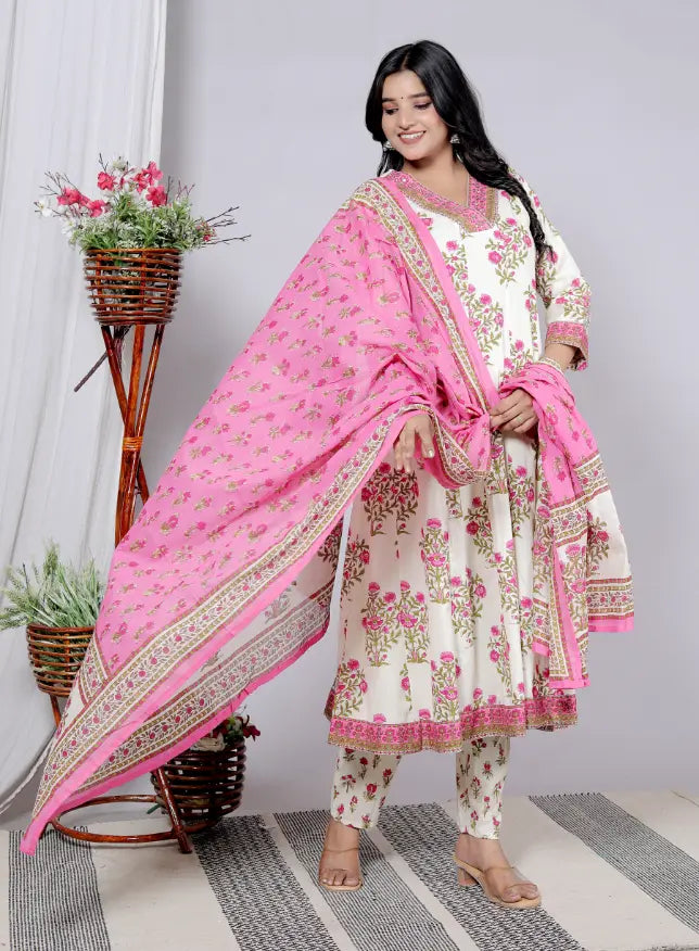 Pink Pure Cotton Kurti Bottom and Dupatta Set