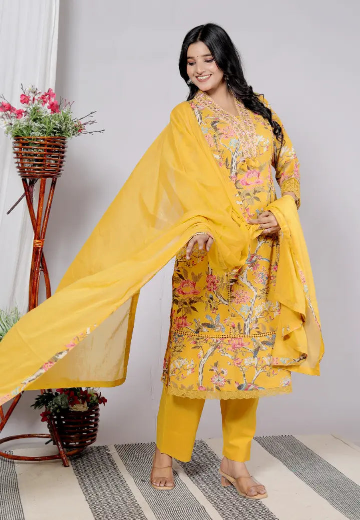Mustard Pure Cotton Kurti Bottom and Dupatta Set