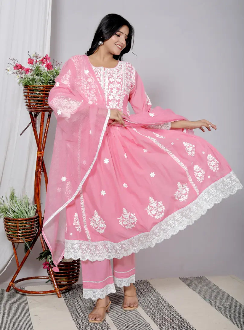 Pink Pure Cotton Kurti Bottom and Dupatta Set