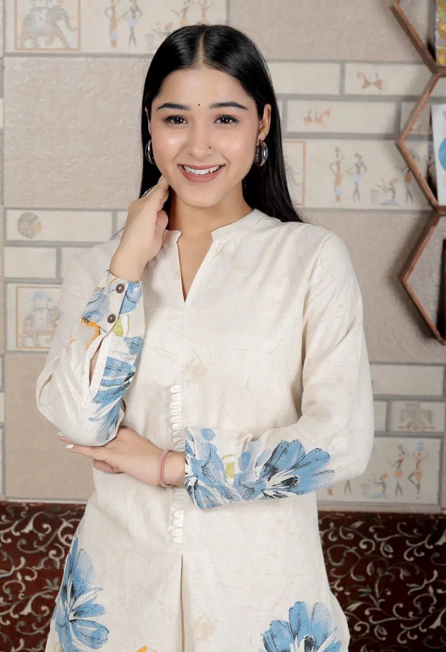 White Cotton Kurti and Bottom Cord Set