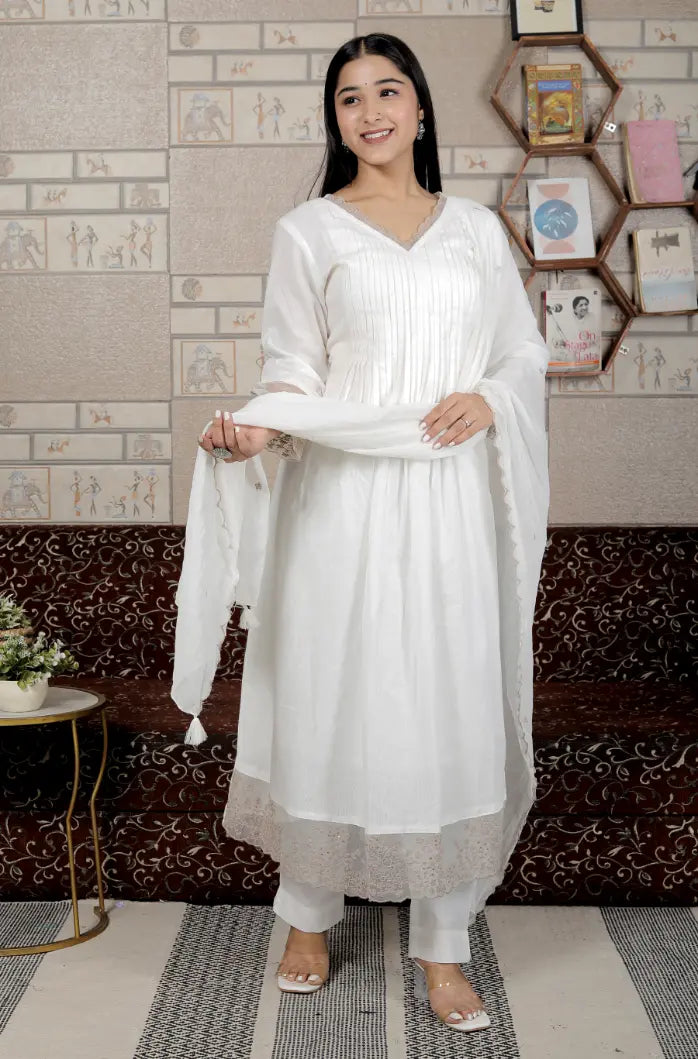 White Pure Cotton Kurti Bottom and Dupatta Set