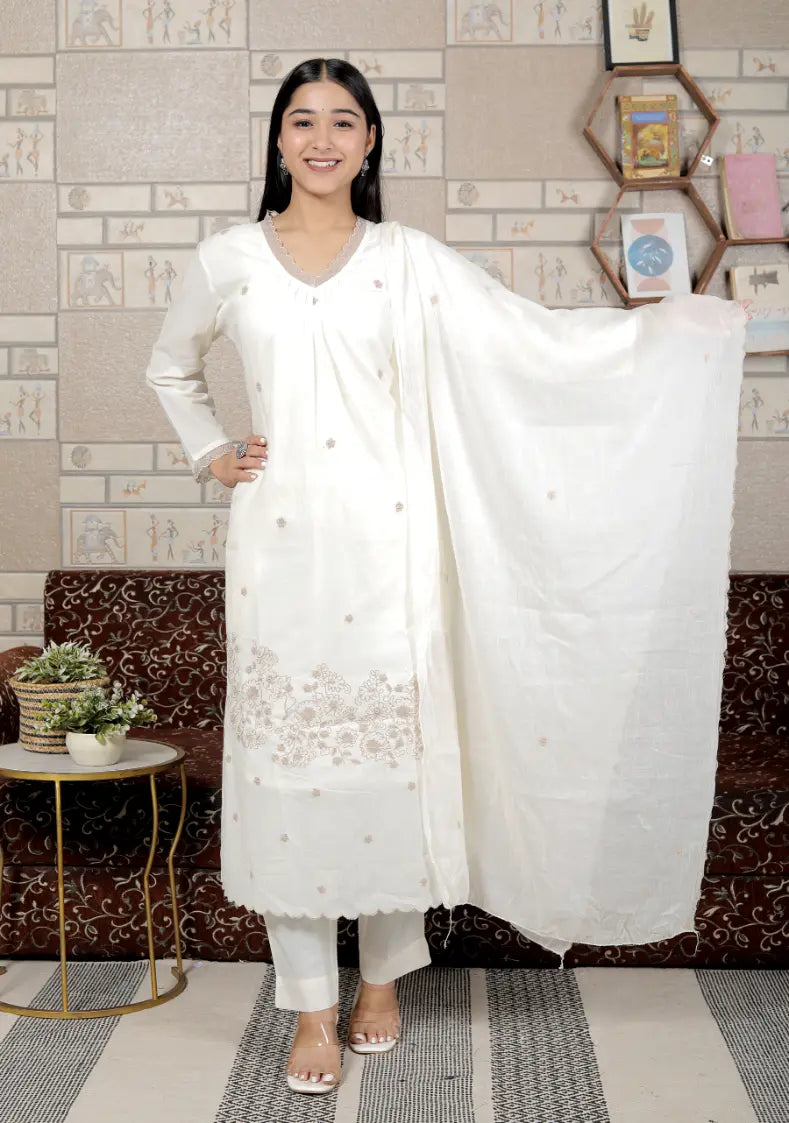 White Pure Cotton Kurti Bottom and Dupatta Set