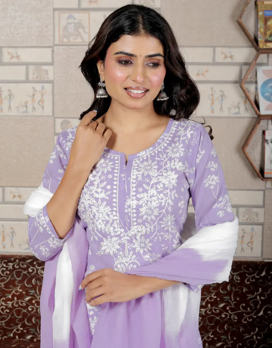 Purple Pure Cotton Kurti Bottom and Dupatta Set
