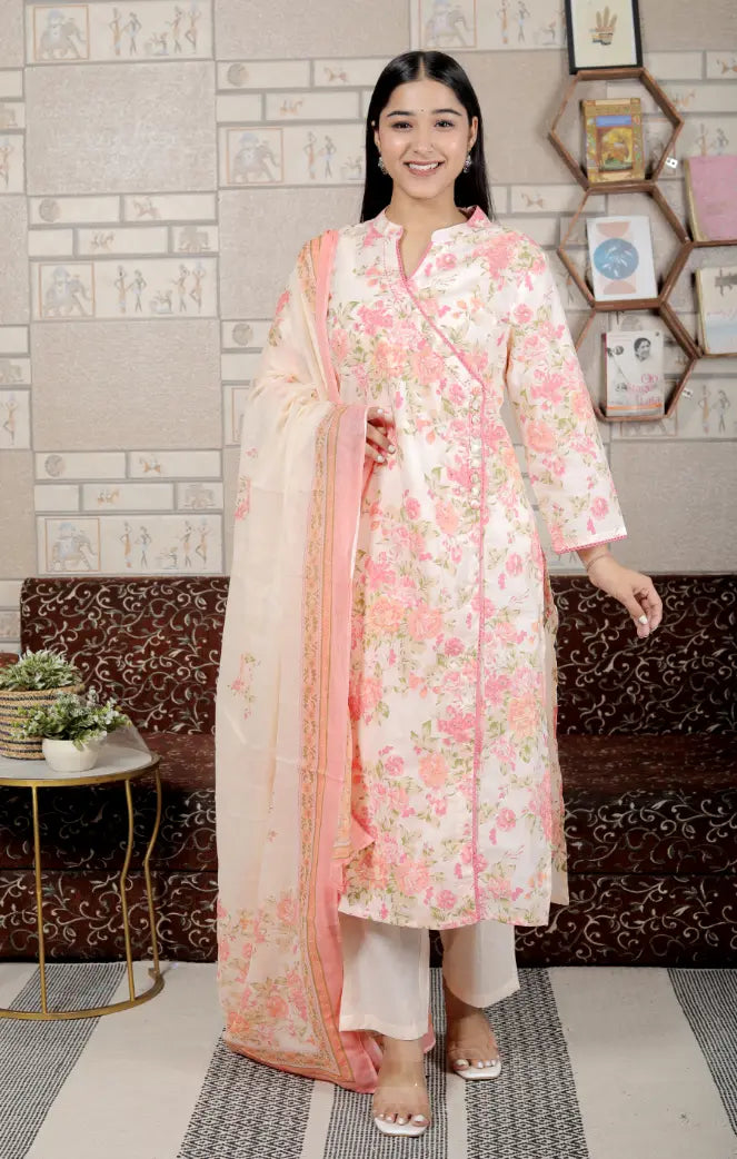 Peach Pure Cotton Kurti Bottom and Dupatta Set