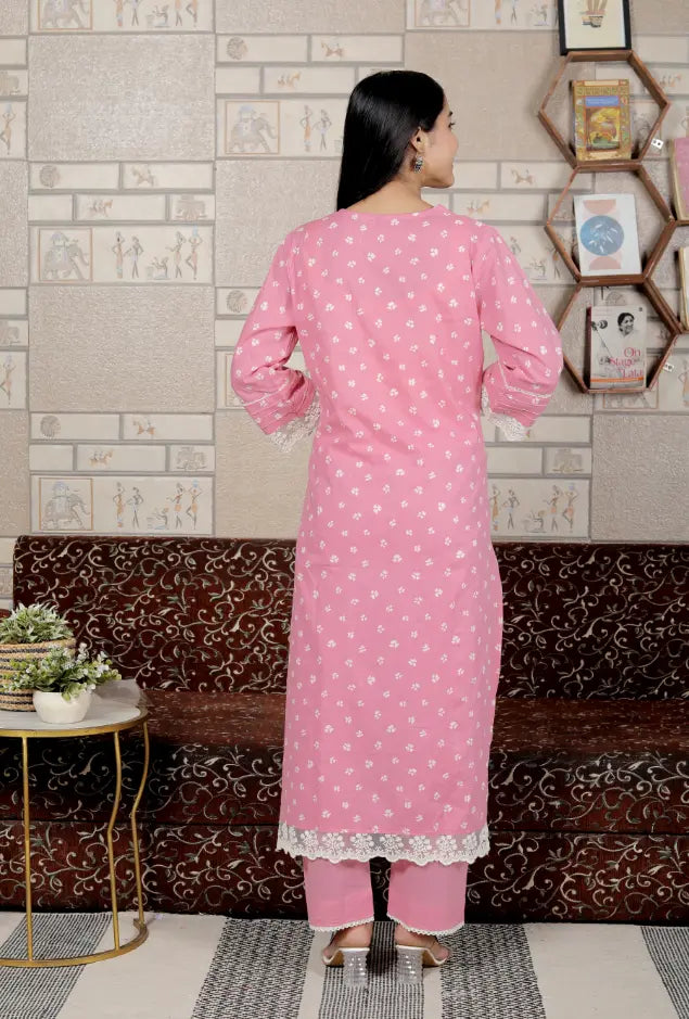 Pink Pure Cotton Kurti Bottom and Dupatta Set