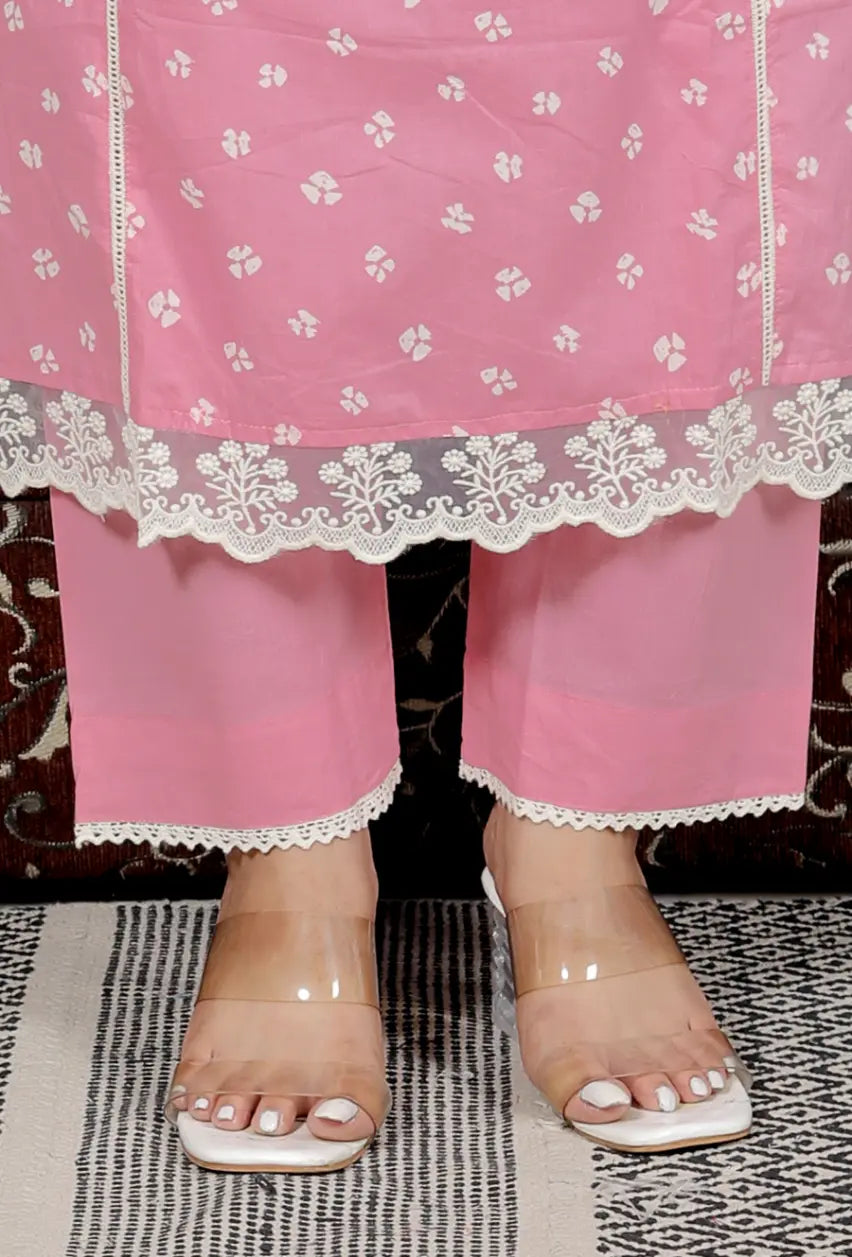 Pink Pure Cotton Kurti Bottom and Dupatta Set