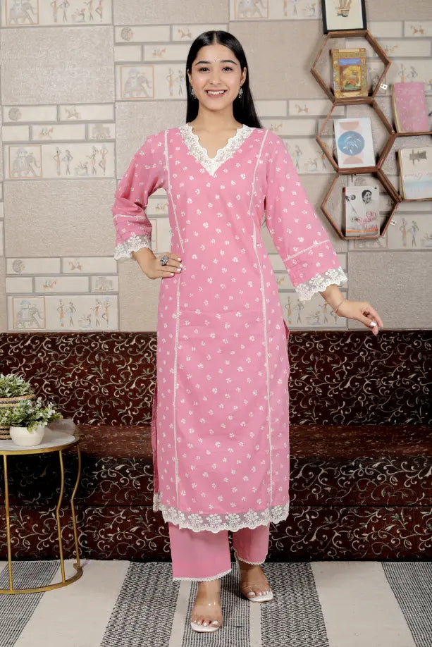 Pink Pure Cotton Kurti Bottom and Dupatta Set