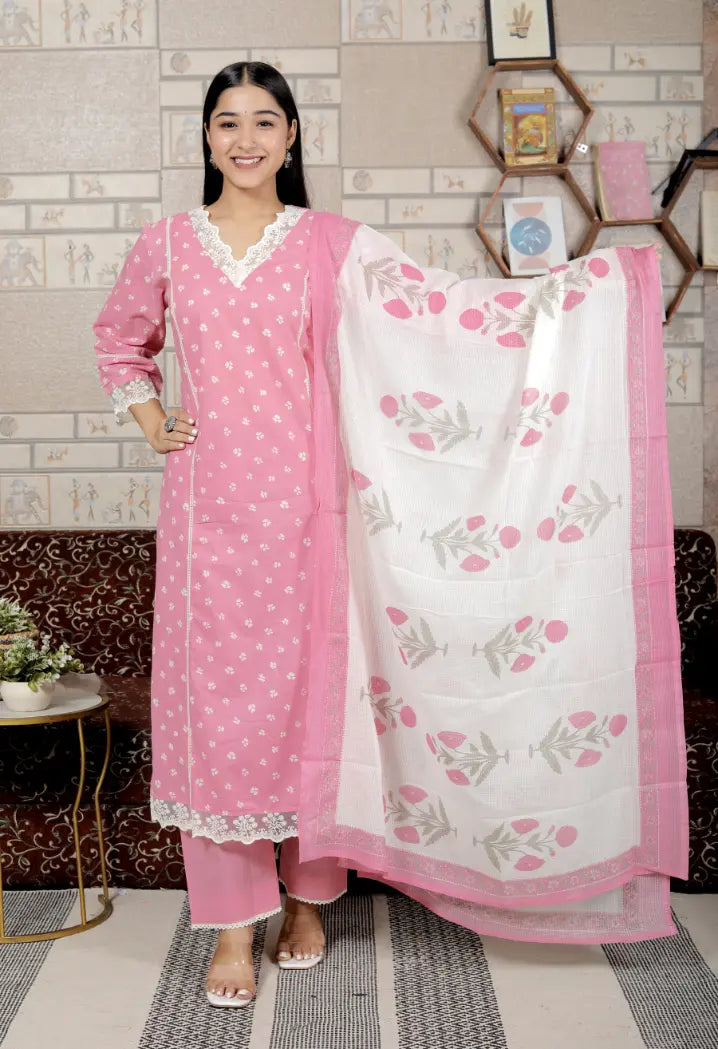 Pink Pure Cotton Kurti Bottom and Dupatta Set
