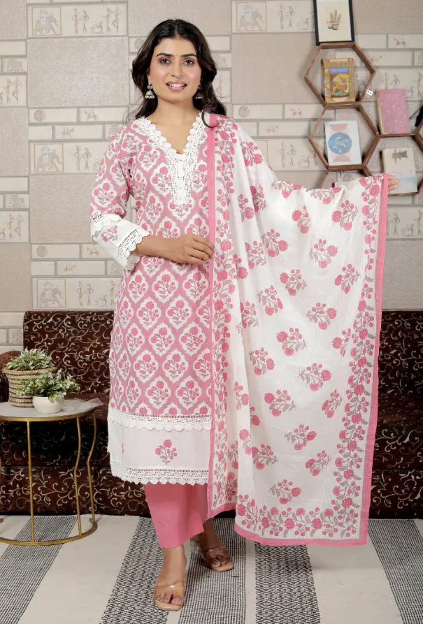 Pink Pure Cotton Kurti Bottom and Dupatta Set