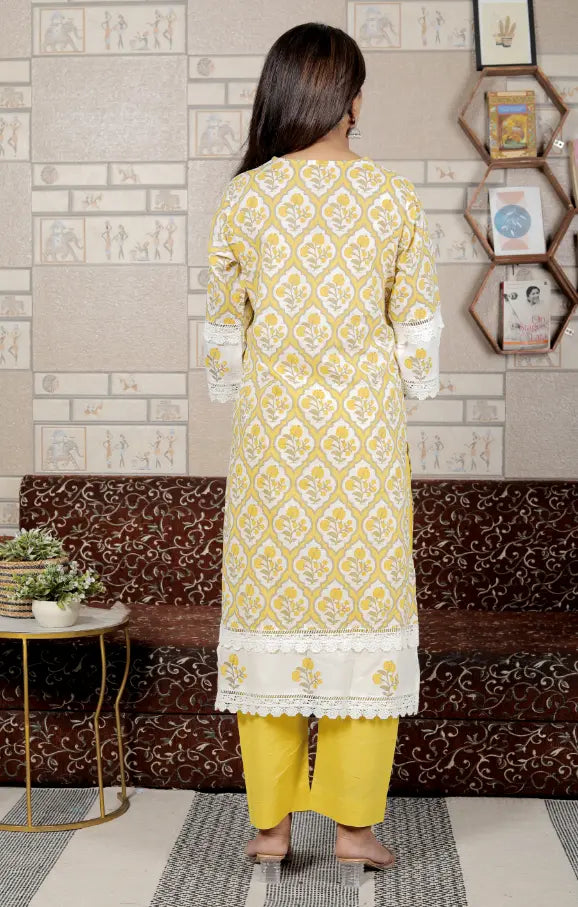 Yellow Pure Cotton Kurti Bottom and Dupatta Set