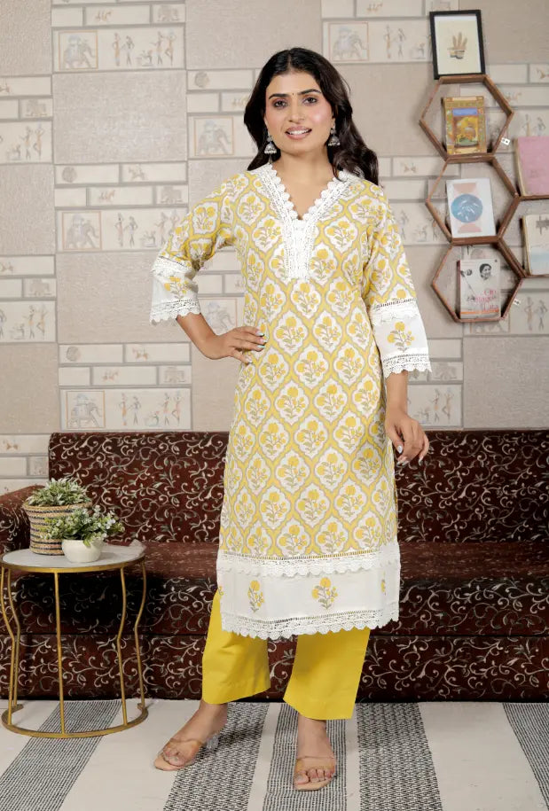 Yellow Pure Cotton Kurti Bottom and Dupatta Set