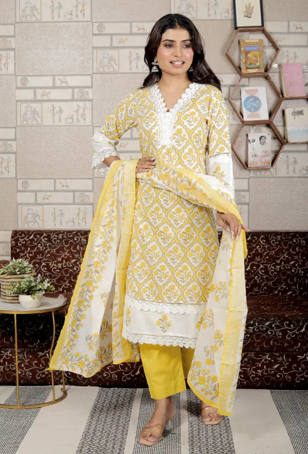 Yellow Pure Cotton Kurti Bottom and Dupatta Set