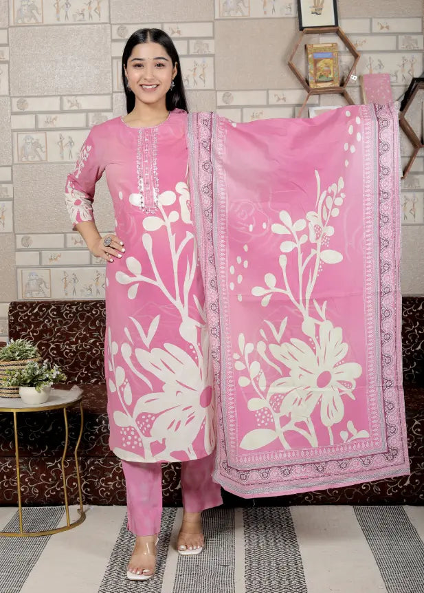Pink Pure Cotton Kurti Bottom and Dupatta Set