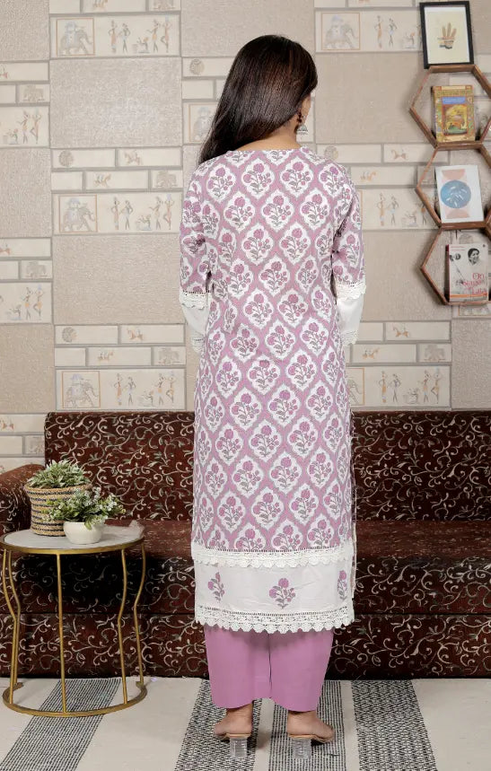 Purple Pure Cotton Kurti Bottom and Dupatta Set