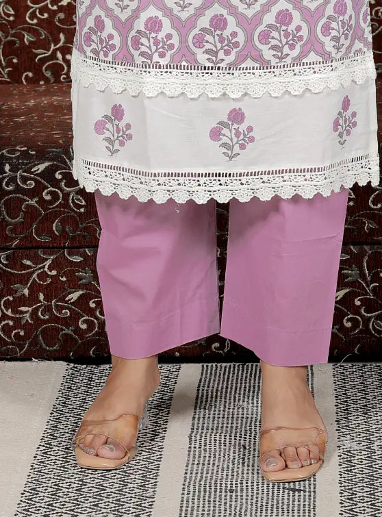 Purple Pure Cotton Kurti Bottom and Dupatta Set