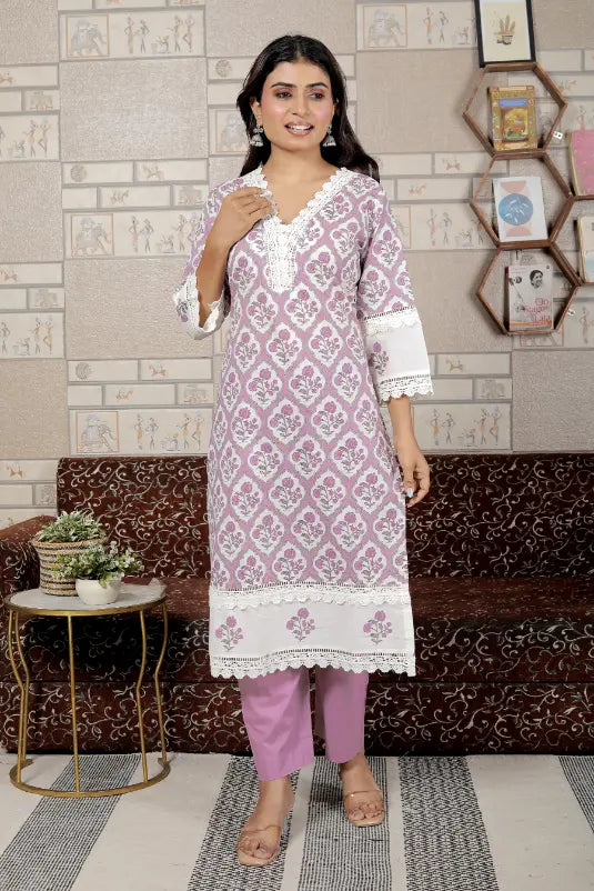 Purple Pure Cotton Kurti Bottom and Dupatta Set