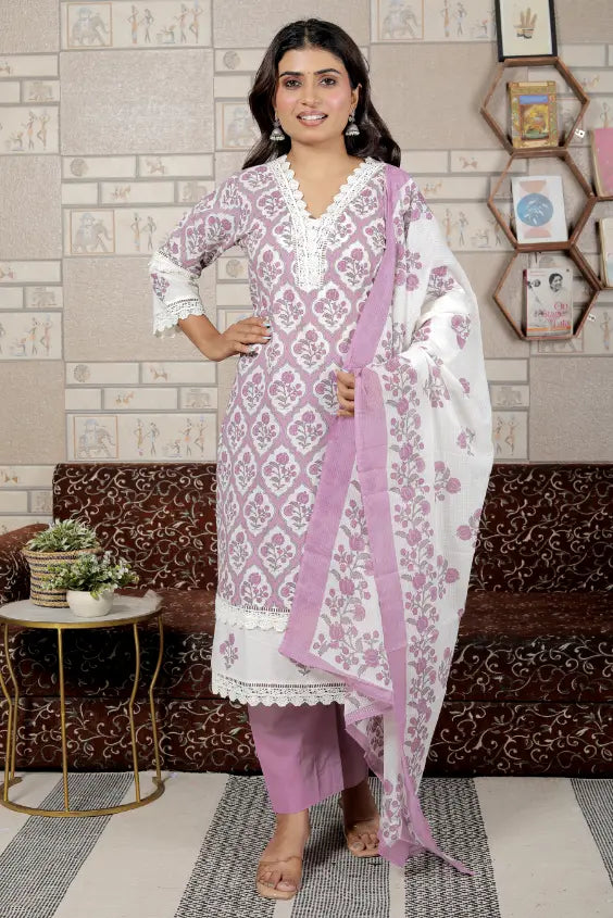 Purple Pure Cotton Kurti Bottom and Dupatta Set