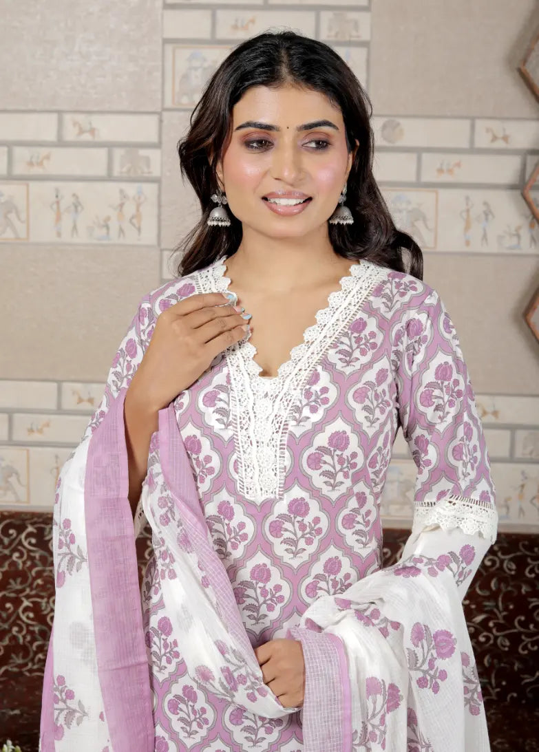 Purple Pure Cotton Kurti Bottom and Dupatta Set