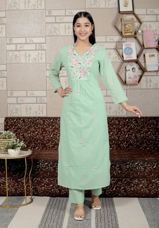 Pista Green Pure Cotton Kurti and Bottom Set