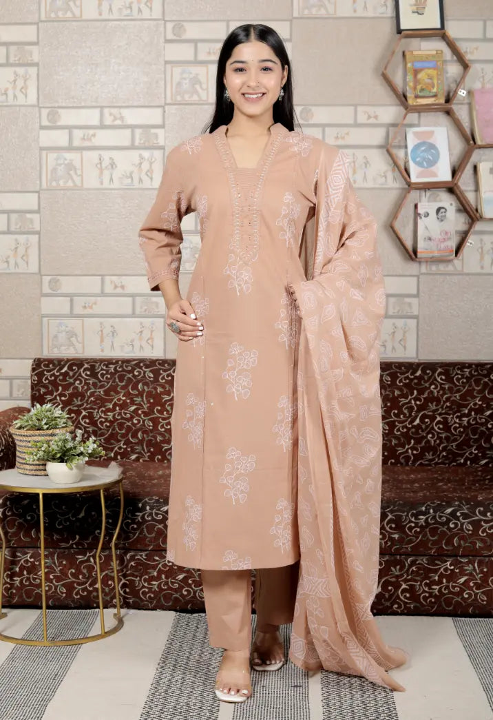Beige Pure Cotton Kurti Bottom and Dupatta Set
