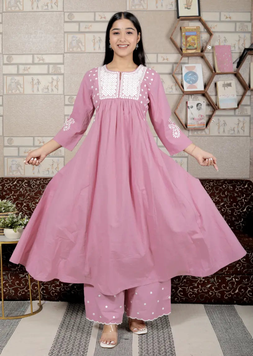 Pink Pure Cotton Kurti and Bottom Set