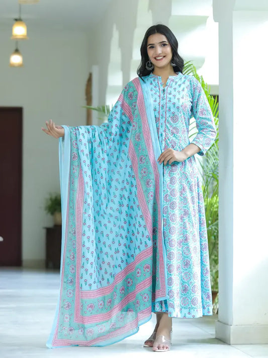 Sky blue floral printed kurti with dupatta