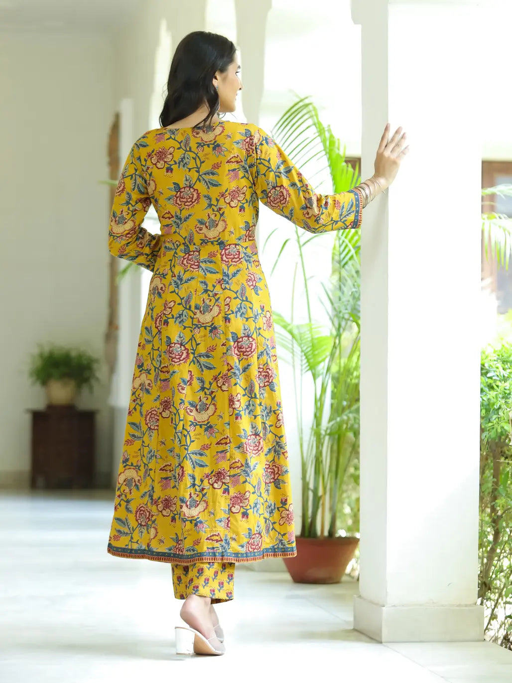 Mustard floral long kurti with pant and dupatta set