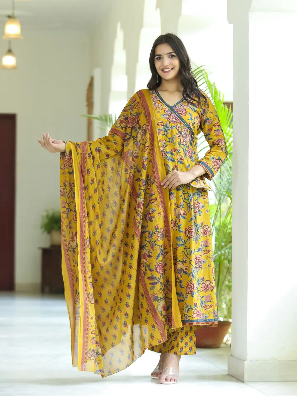 Mustard floral long kurti with pant and dupatta set