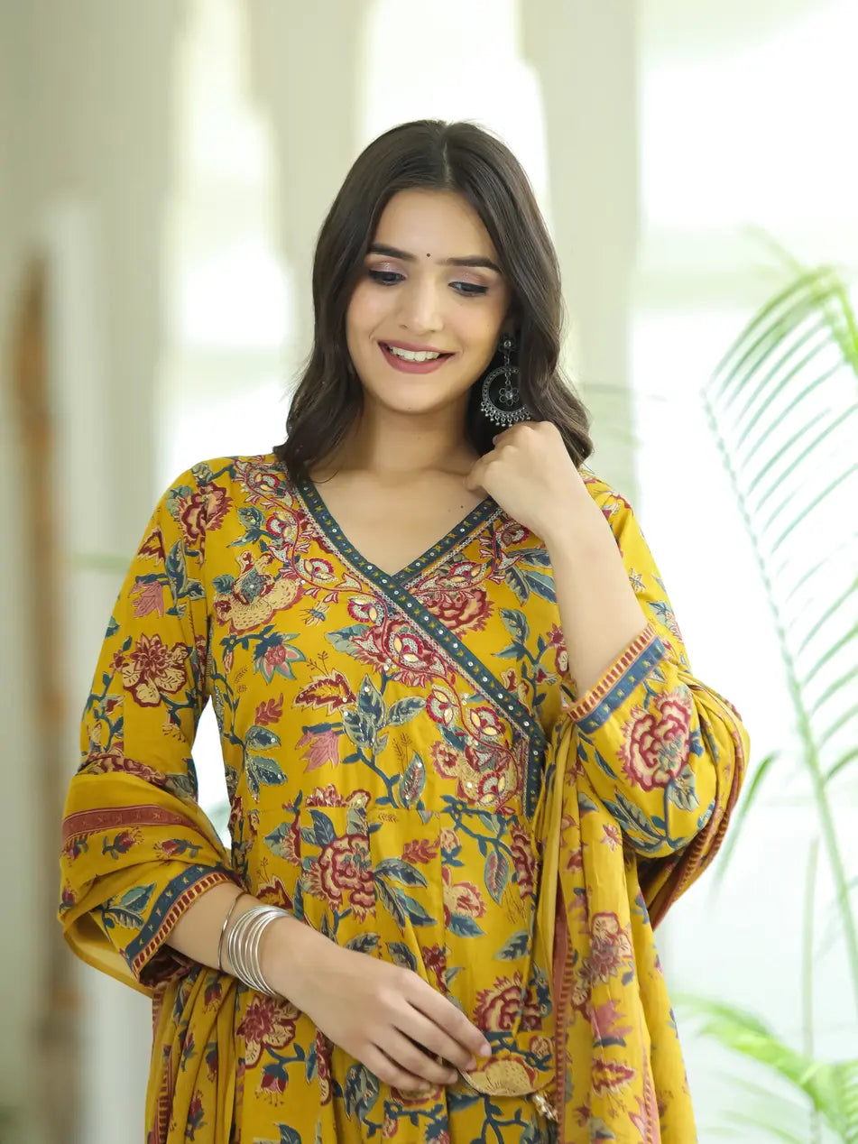 Mustard floral long kurti with pant and dupatta set