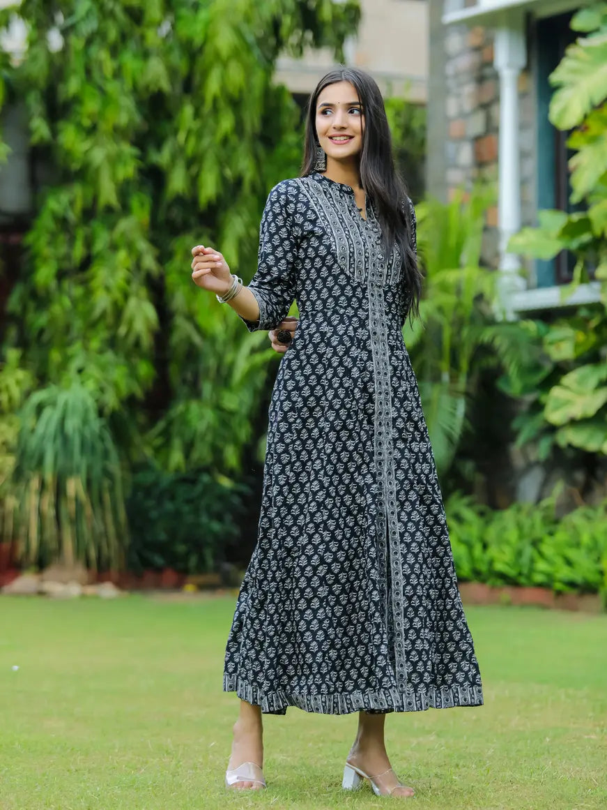 Black floral long kurti and dupatta set