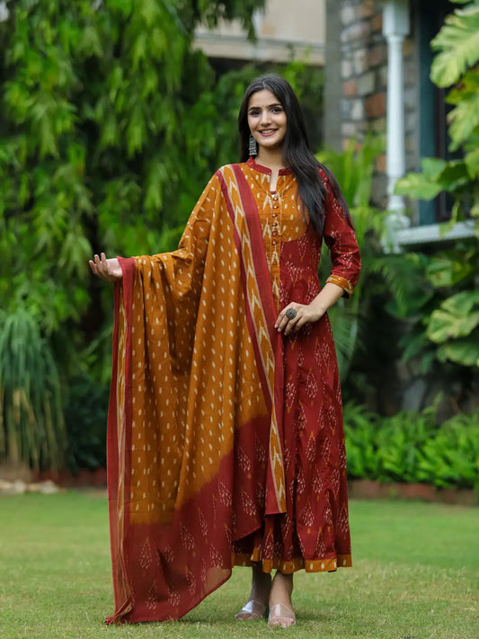 Rust and gold floral long kurti and dupatta set