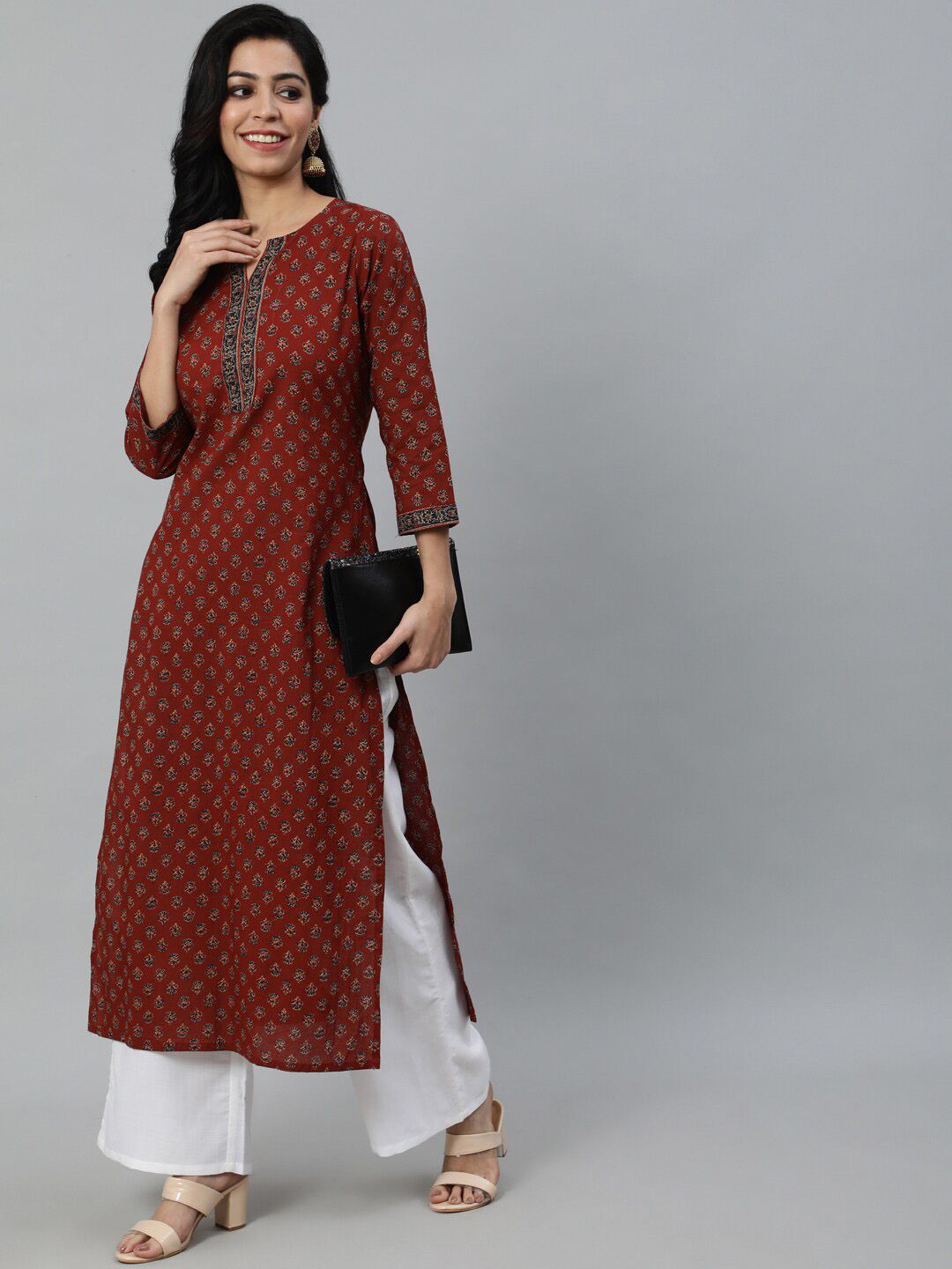 Women maroon ethnic motifs printed cotton kurti