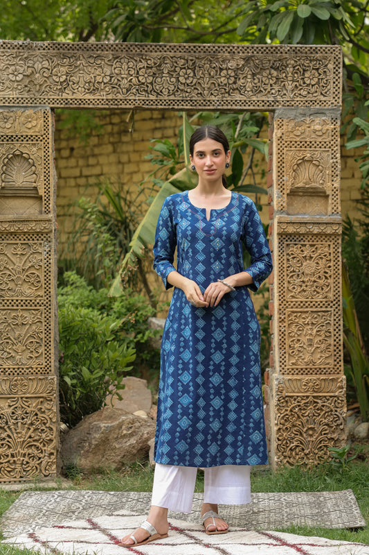 Indigo handblock kurta with sequence and mirror work