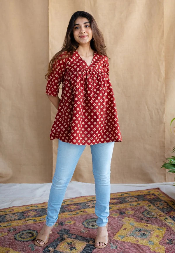 Maroon ajrakh cotton A line kurti